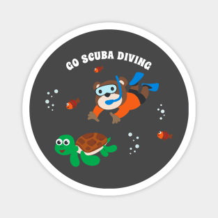 Diving with funny bear and turtle with cartoon style. Magnet